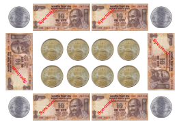 Arrange play money of amounts 1, 2, 5, and 10 to show ₹ 36, ₹ 125, and ₹ 183