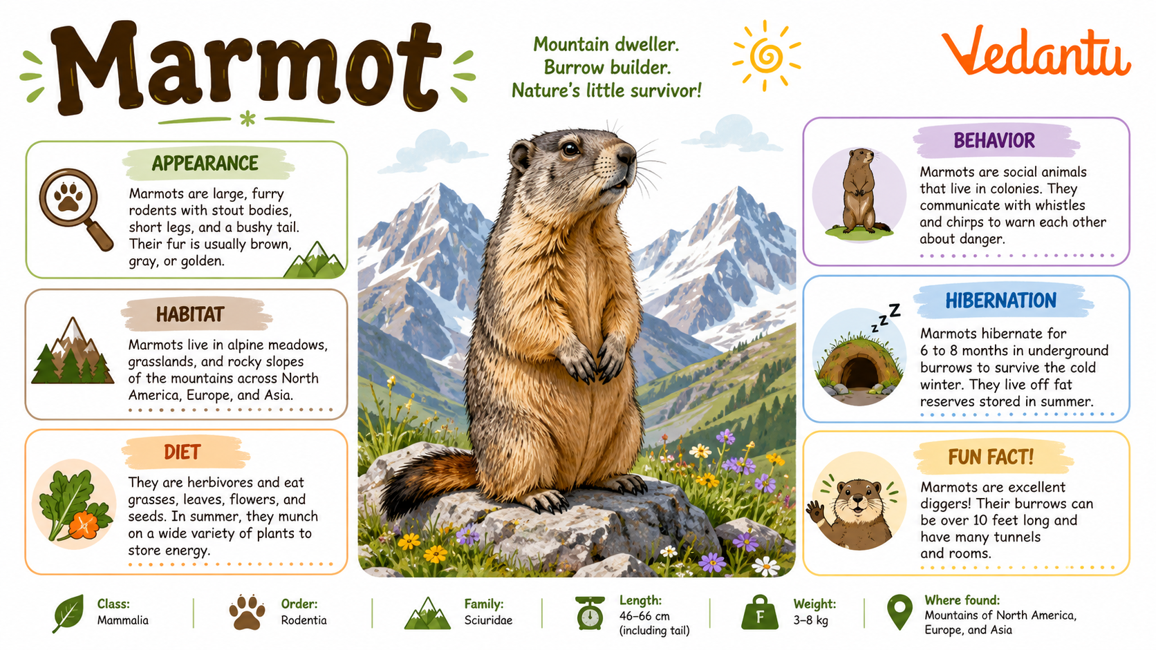 Marmot sitting on grass in mountain habitat