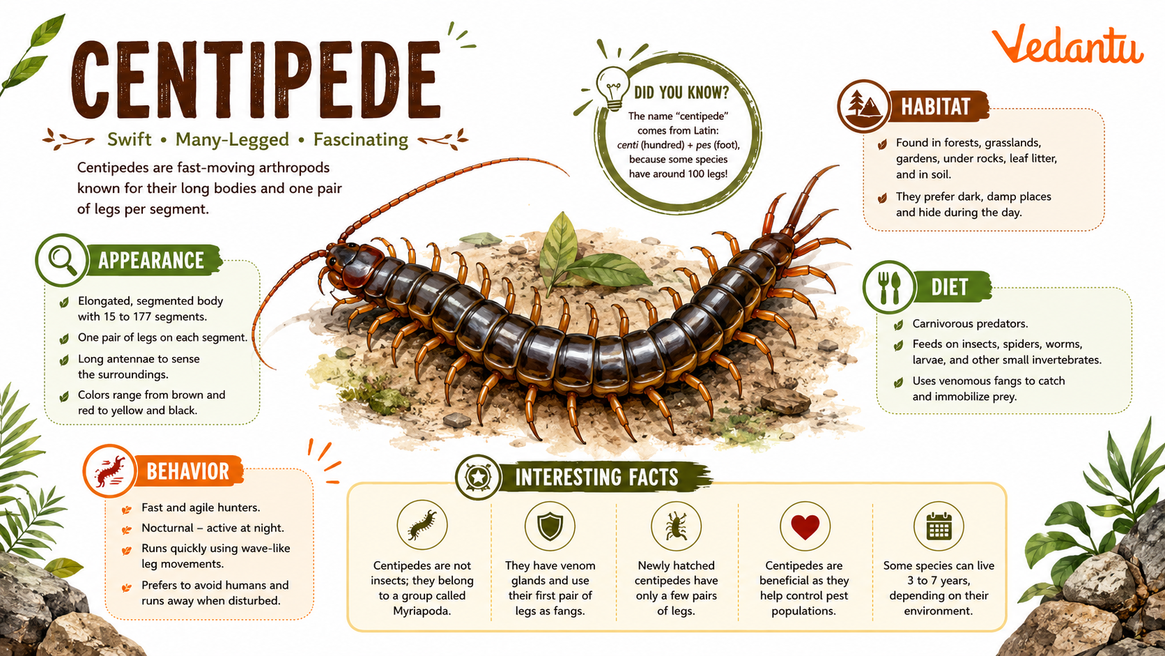 Centipede with many legs crawling on the ground