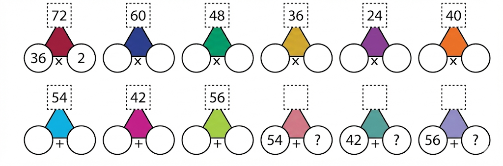 Identify the numbers that can fill the circles such that the numbers in the squares are the products or the quotients of the numbers in the circles