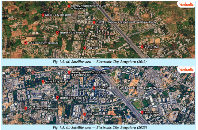 Observe and compare the two satellite images of an area of Bengaluru (Fig. 7.5). They are from 2012 and 2025