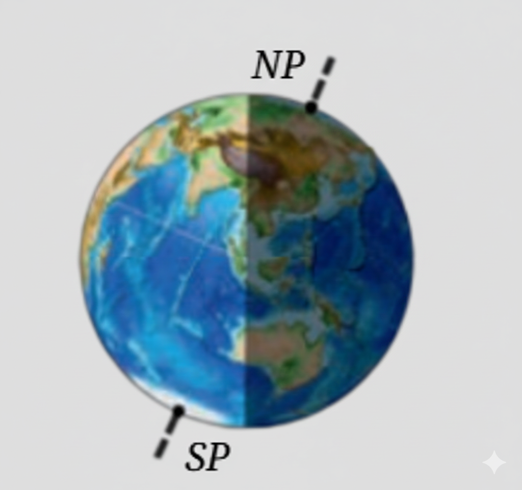 the North Pole is shown in darkness, indicating winter in the Northern Hemisphere. At this time, the North Pole receives no sunlight, while the South Pole, which is experiencing summer, receives sunlight for 24 hours during one full rotation of the Earth. This happens because of the tilt of the Earth’s axis