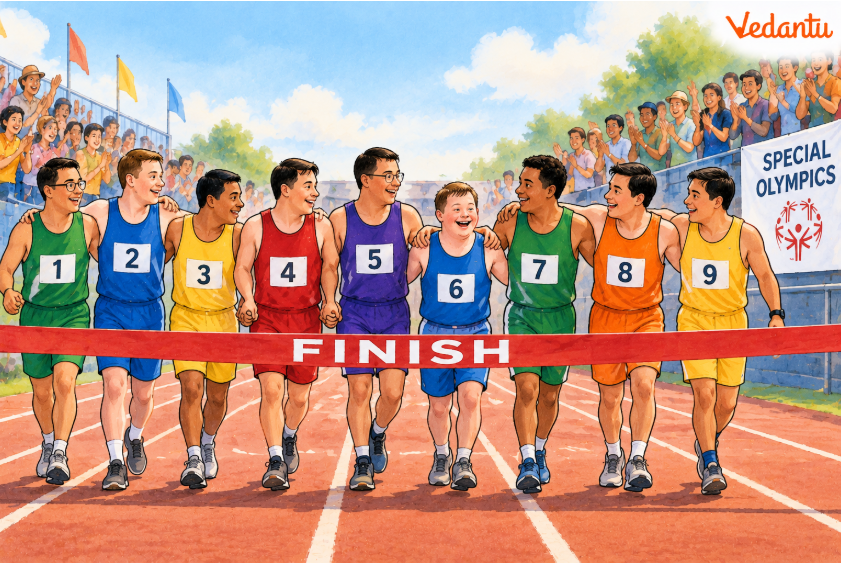 the illustration of nine athletes holding hands near the finish line