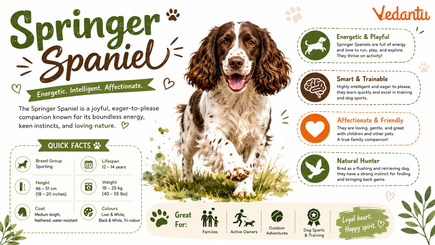 Springer Spaniel dog breed standing with long ears and brown white coat
