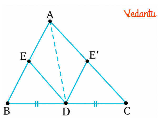 This divides ΔABD into two pieces. After rearranging, ΔAED can cover the corresponding region ΔDE′A, while ΔBED can cover the remaining region ΔDE′C