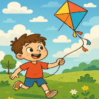 The boy flies a kite
