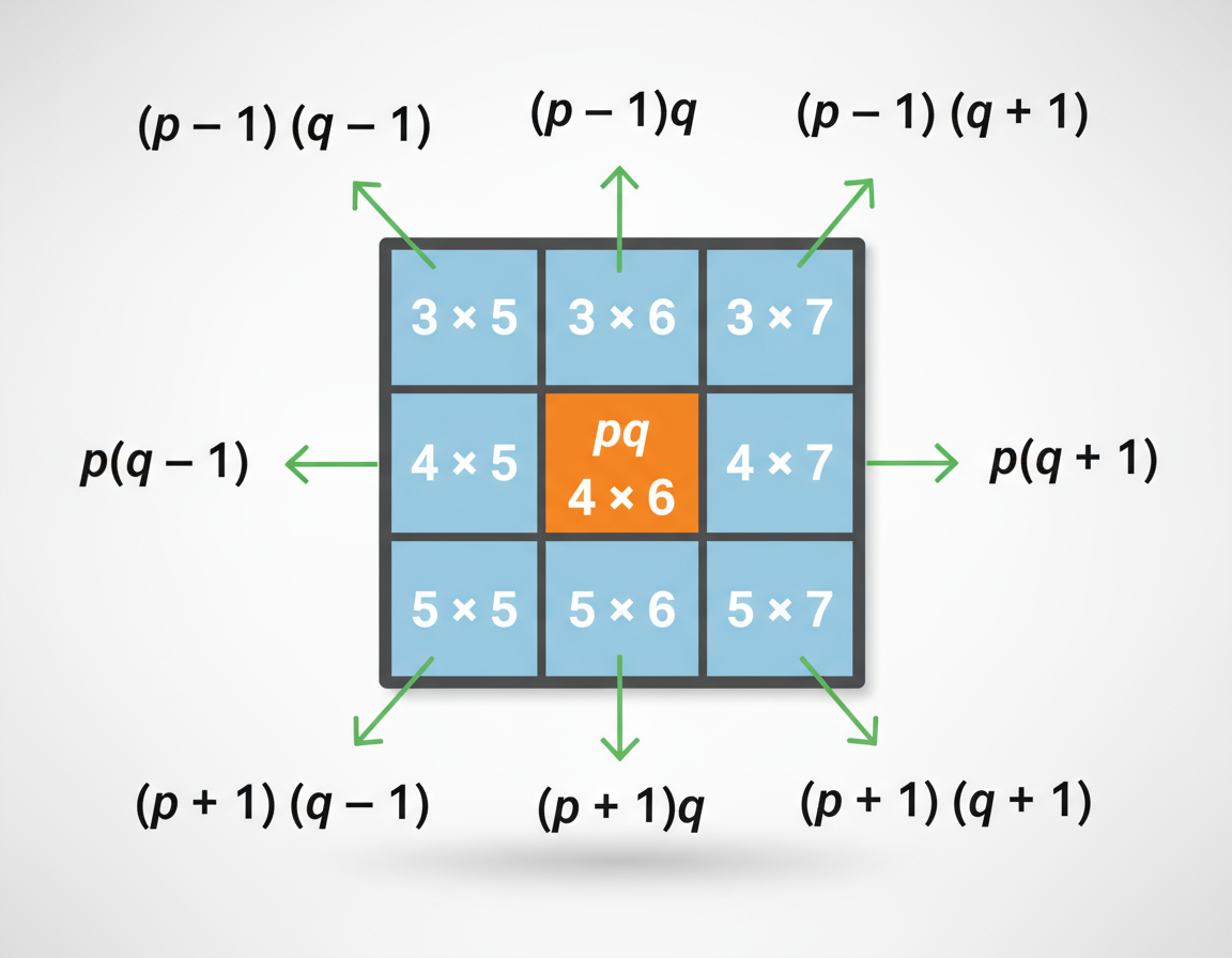 Observe the multiplication grid below. Each number inside the grid is formed by multiplying two numbers. If the middle number of a 3 × 3 frame is given by the expression pq, as shown in the figure, write the expressions for the other numbers in the grid