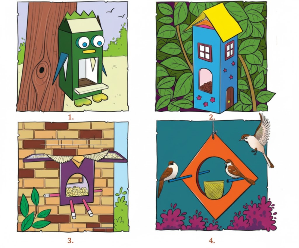 We need to conserve our ‘feathered’ friends. Work in groups of four.  Look at the pictures and make a bird feeder with cardboard, chart paper, etc.