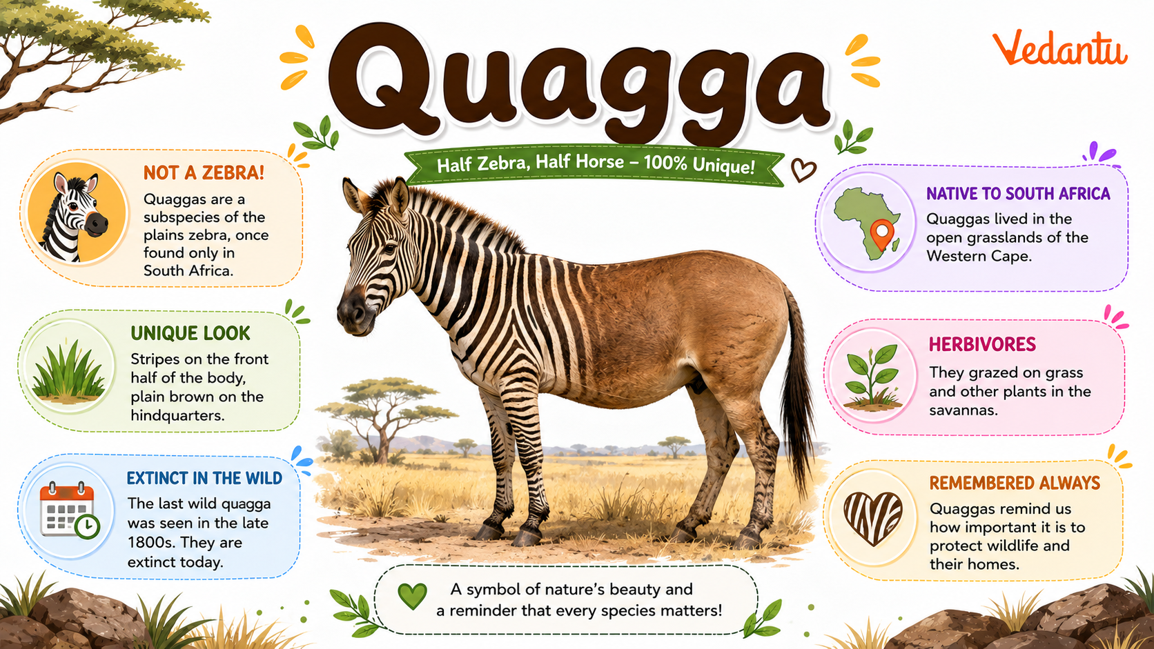 Quagga animal with partial zebra stripes on front body
