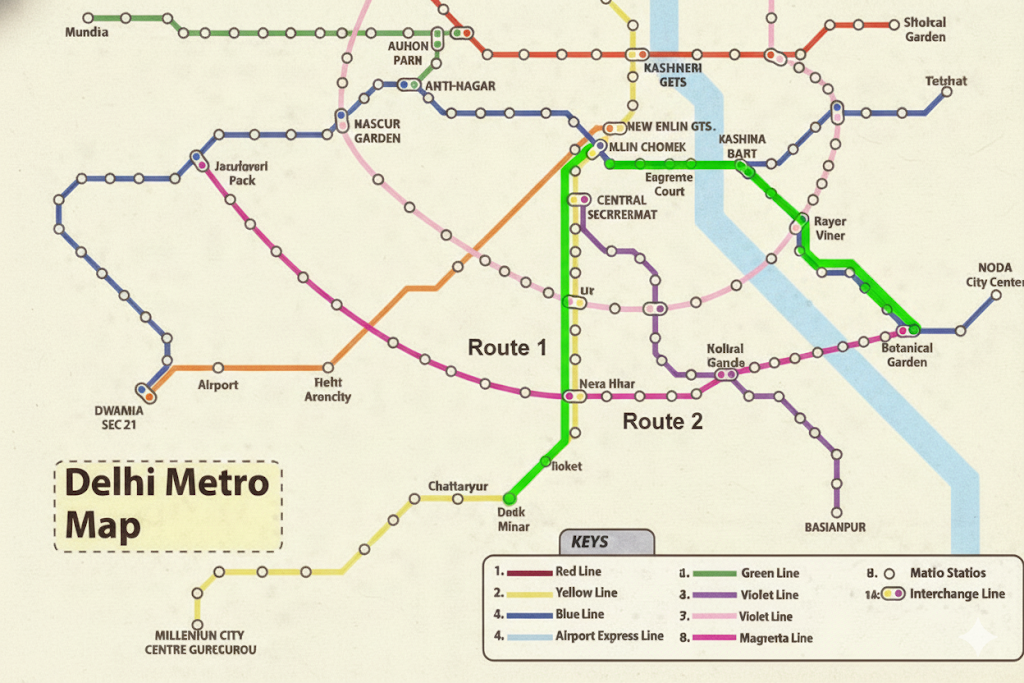 Look at the metro map and trace different routes from the Qutb Minar metro station to the Supreme Court metro station