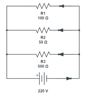 Three different resistances connected in parallel with voltage source.