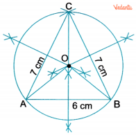 Diagram showing an isosceles triangle ABC with AB = 6 cm and AC = BC = 7 cm, its perpendicular bisectors intersecting at circumcentre O, and a circumcircle centred at O passing through vertices A, B, and C.