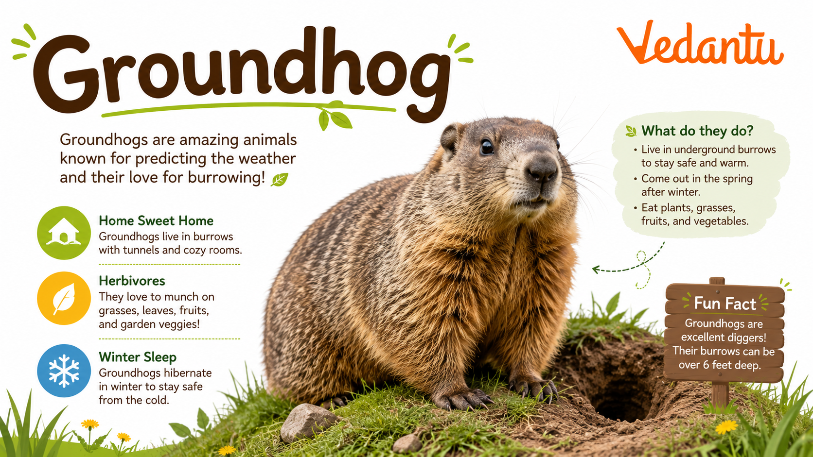 Groundhog sitting near its burrow in grassy habitat