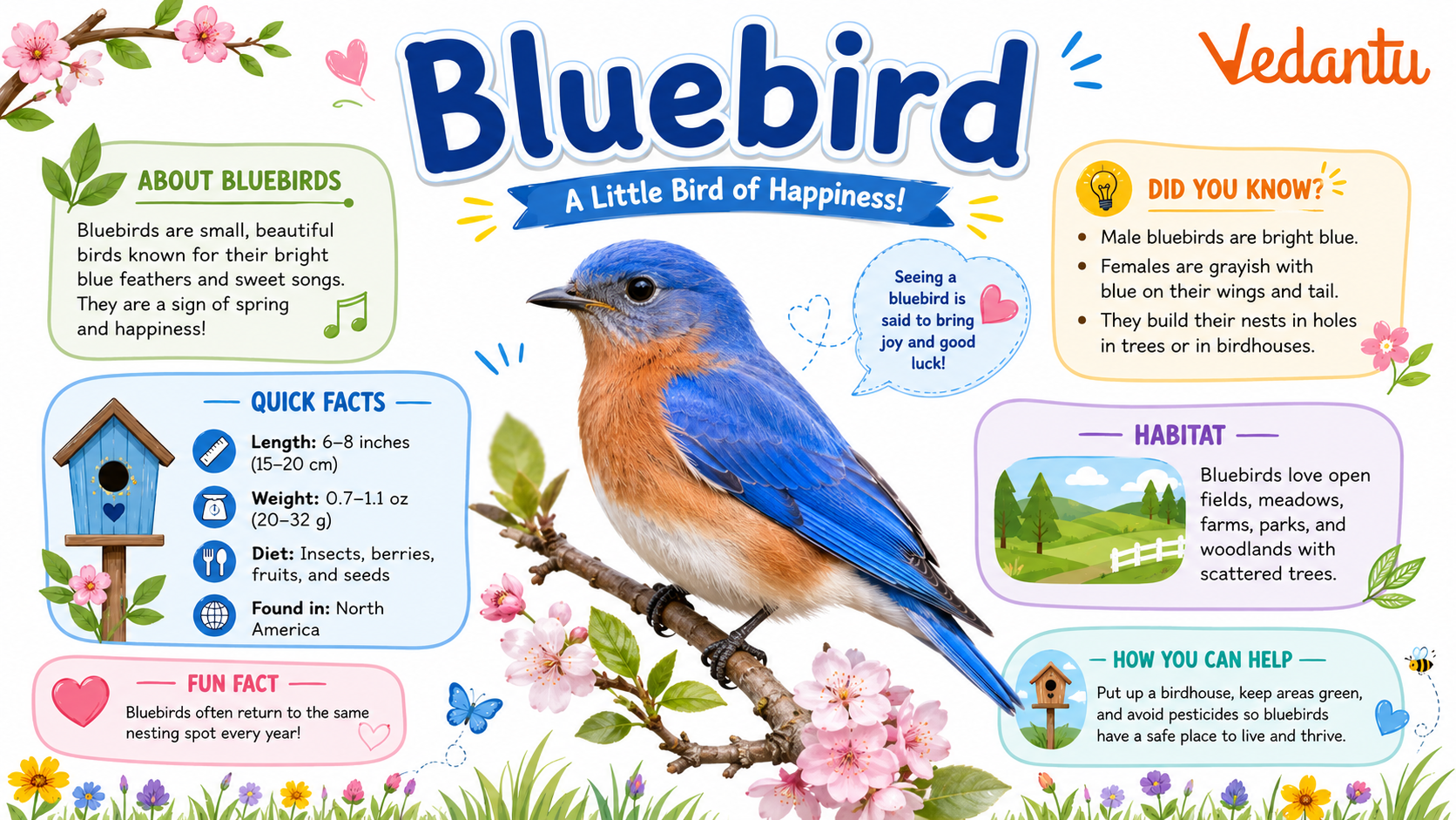 Bluebird sitting on a branch showing its bright blue feathers