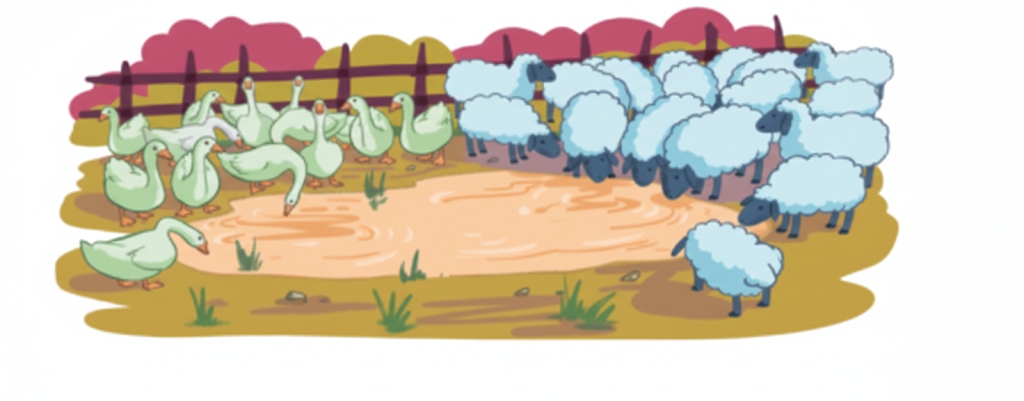 A flock of 25 geese and 12 sheep have gathered around a pond. Chippi the lizard sees many legs. How many legs does it see.