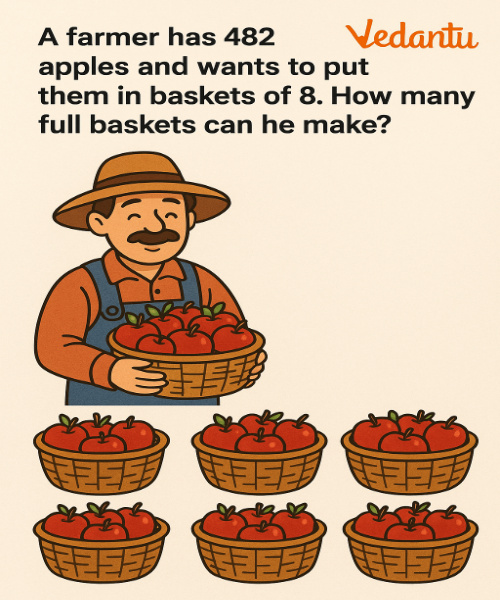 Question 3. A farmer has 482 apples and wants to put them in baskets of 8. How many full baskets can he make?
