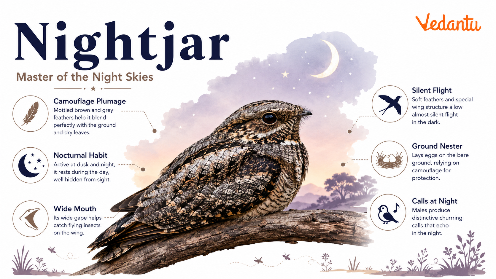 Nightjar bird resting on ground with camouflaged feathers