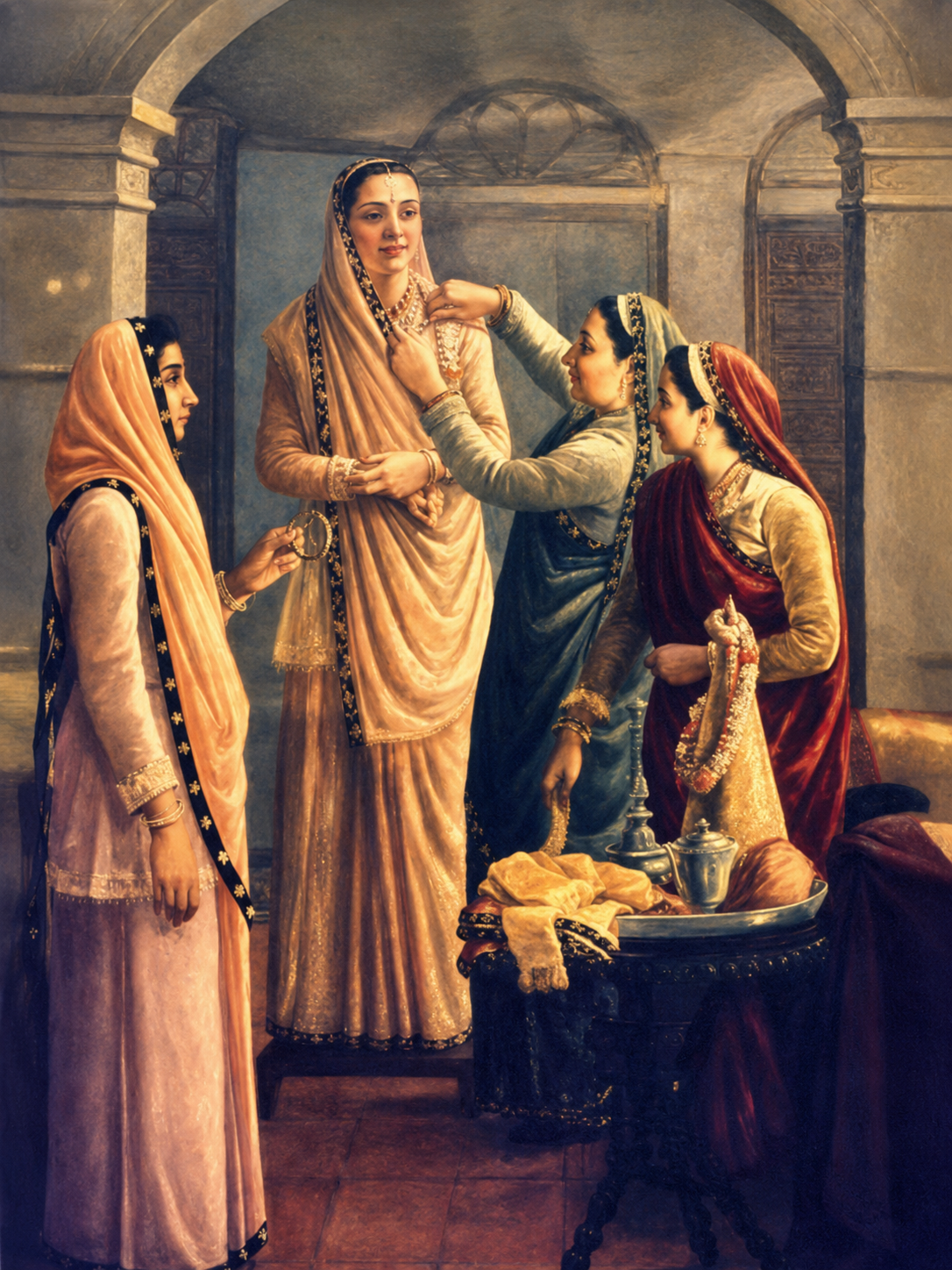 This painting of a Parsi bride getting ready for her wedding shows many aspects of Indian culture