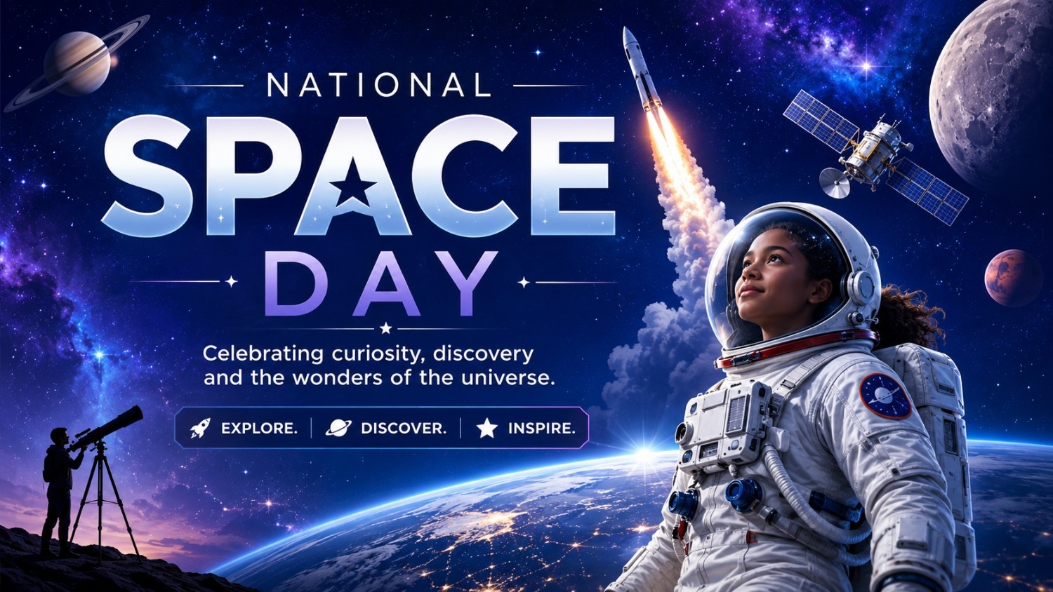 Illustration representing India's celebration of National Space Day and space exploration