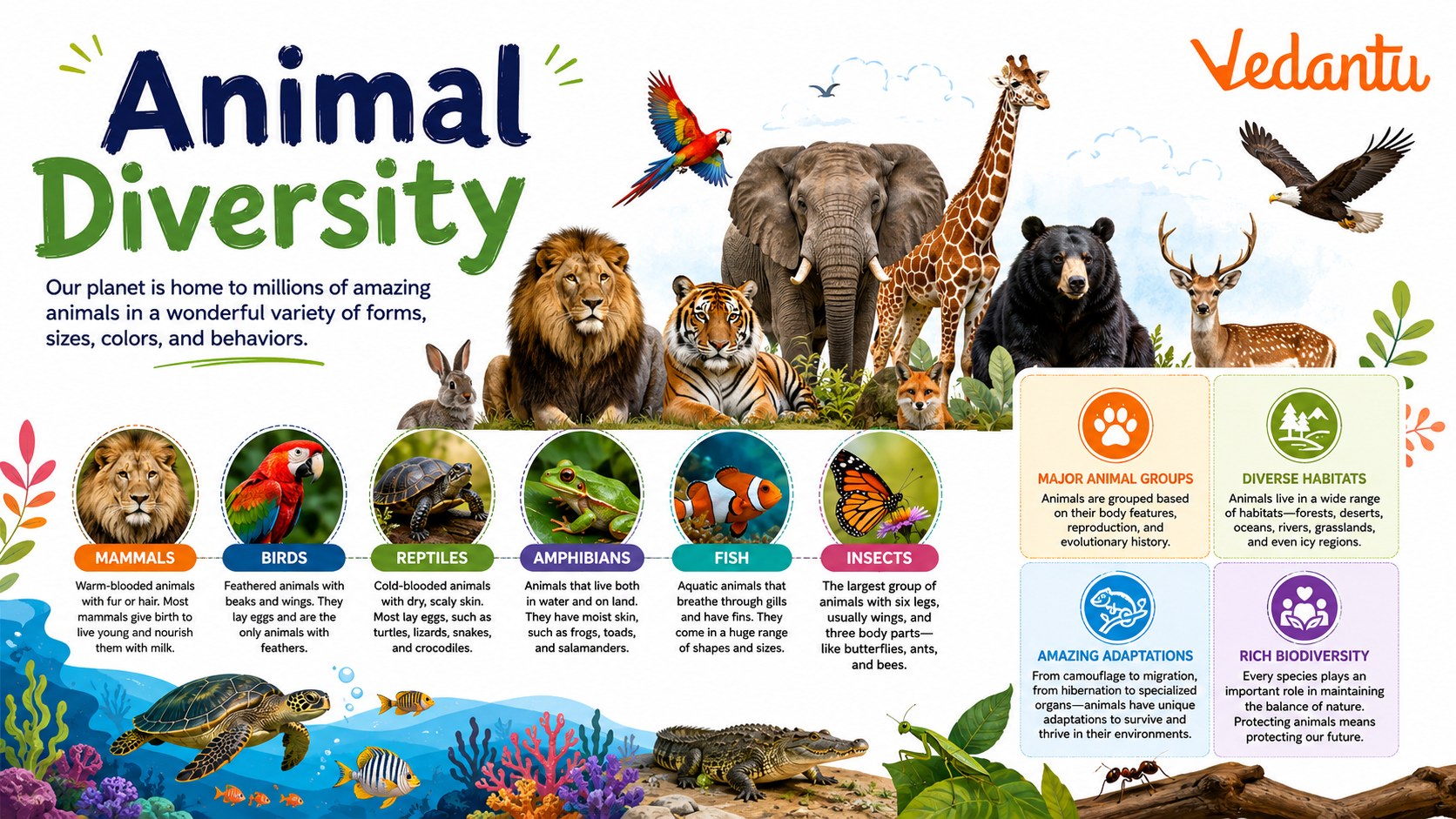Animal Diversity showing different types of animals from various habitats