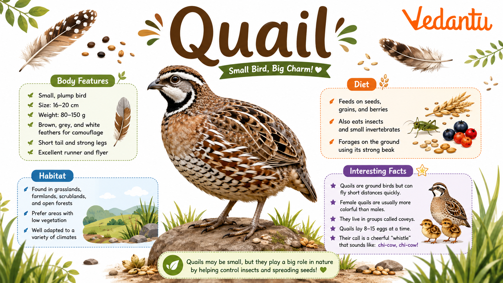 Quail bird standing in grass showing its brown speckled feathers