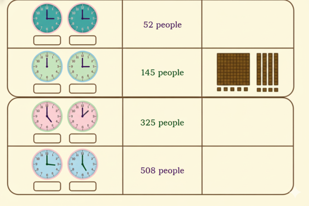 Write the time and draw the number of people who had food at different time slots using HTO blocks
