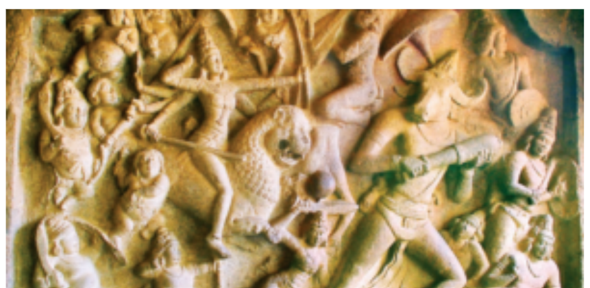 panel’s highly dynamic three-dimensional composition, expressing Durga’s confident assault on the demon.