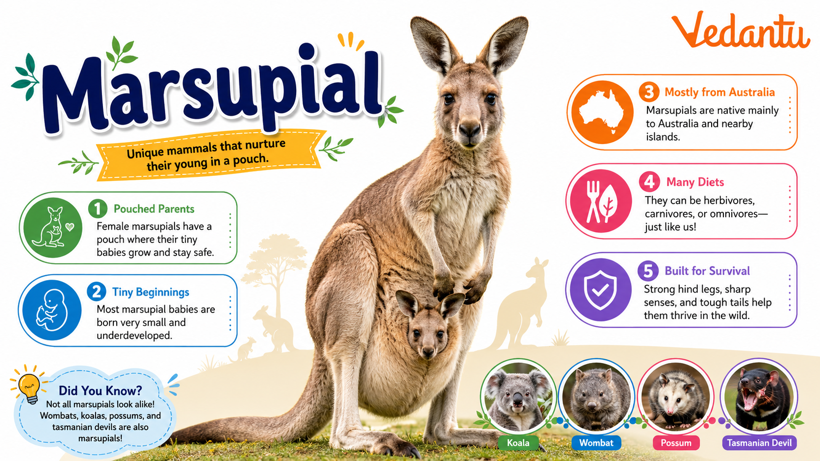Marsupial animal with pouch carrying baby