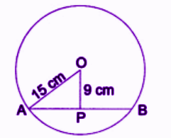 A circle has a radius of 15 cm. A chord is drawn. The distance from the centre of the circle to the chord is 9 cm..png