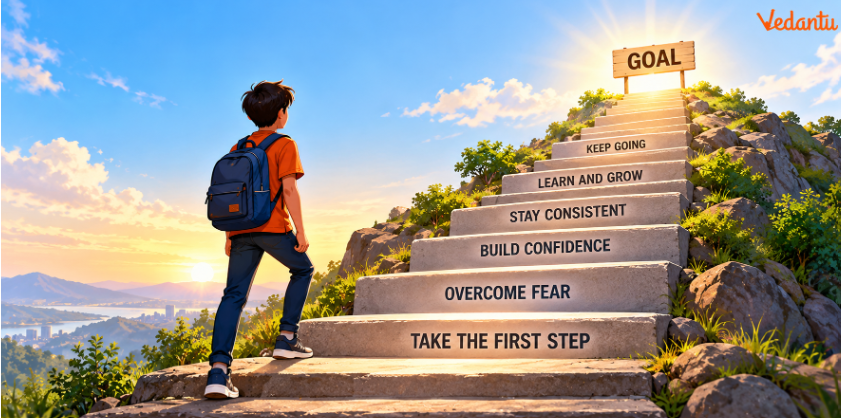 the illustration of a student standing before a staircase leading towards a goal
