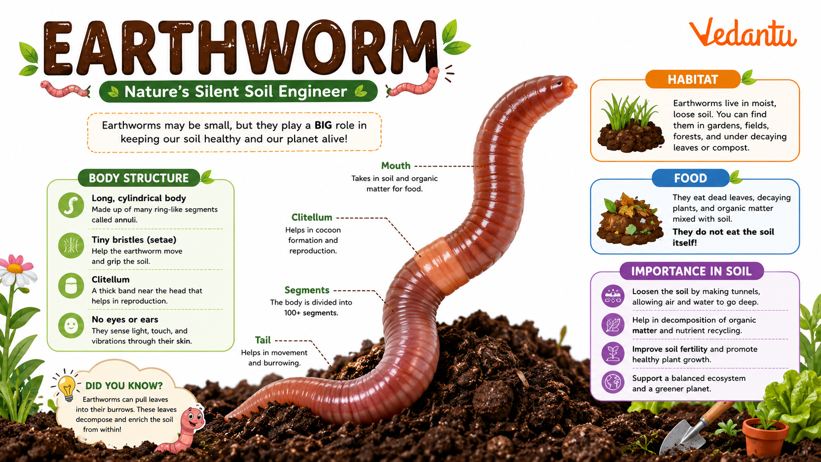Earthworm in soil showing its long segmented body