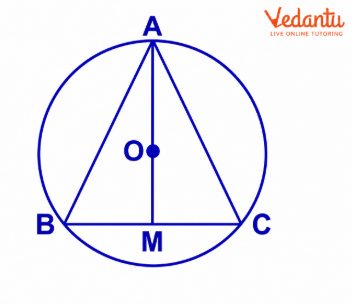An isosceles triangle ABC is inscribed in a circle, with AB = AC. Show that the altitude from A to BC passes through the centre of the circle.