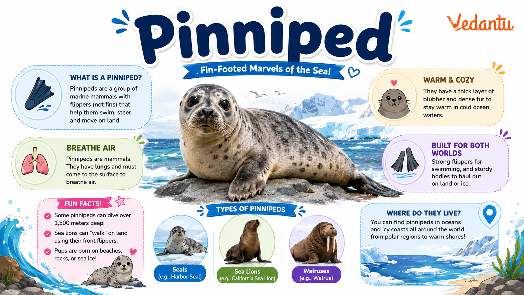 Pinniped marine mammal with flippers and whiskers resting near ocean habitat
