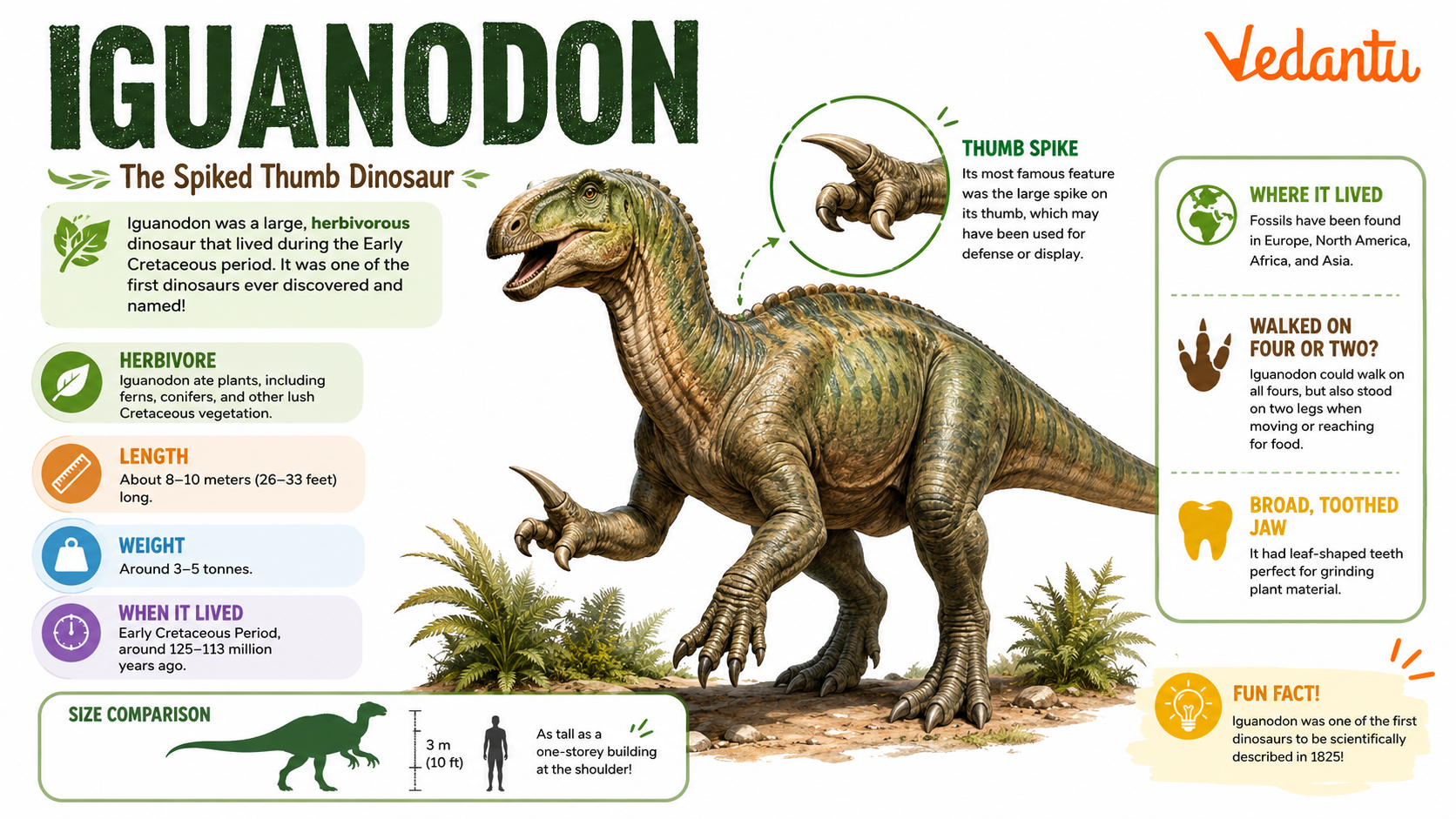 Iguanodon dinosaur illustration showing its thumb spike and strong hind legs