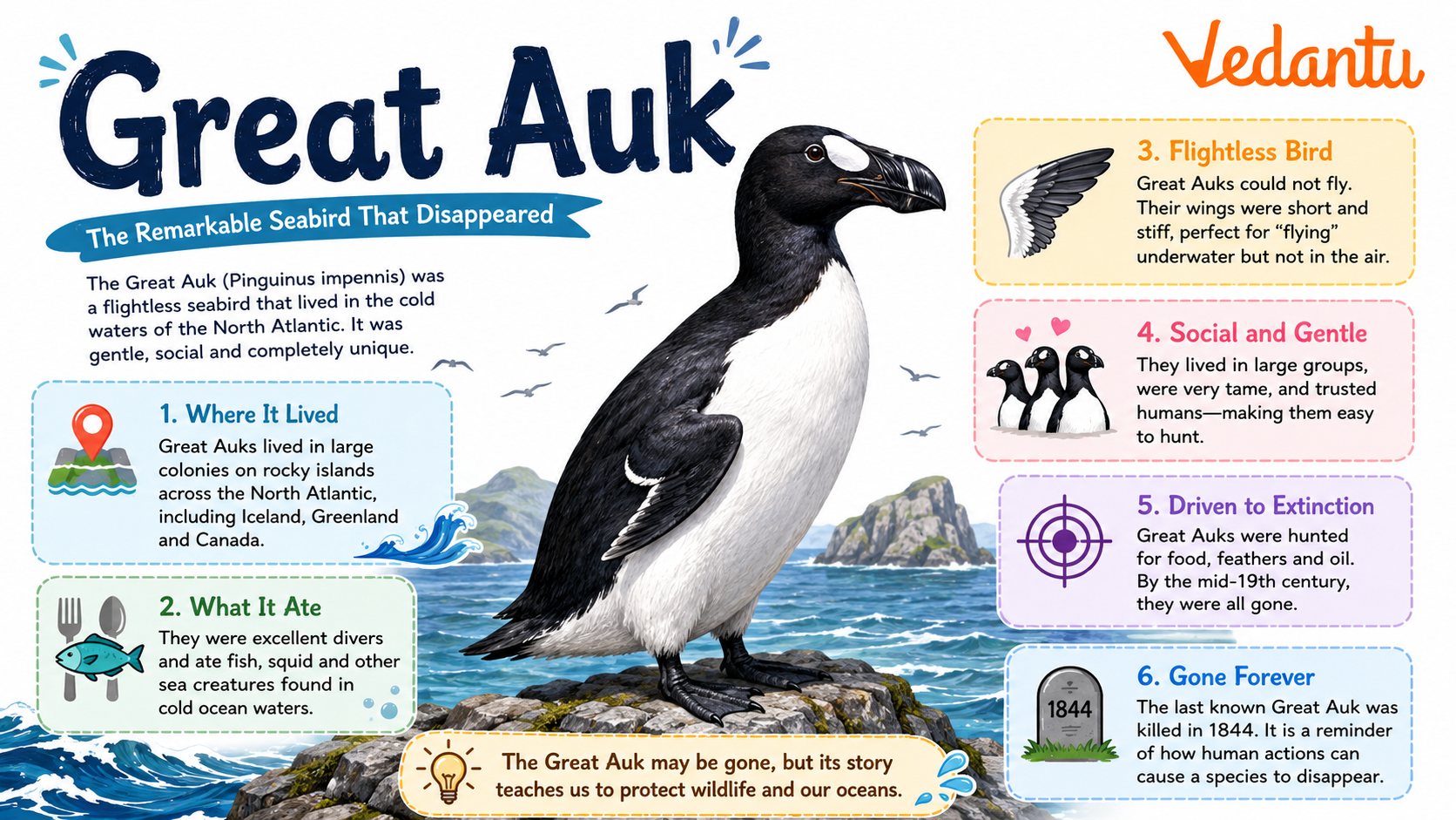 Great Auk bird standing on rocky coast