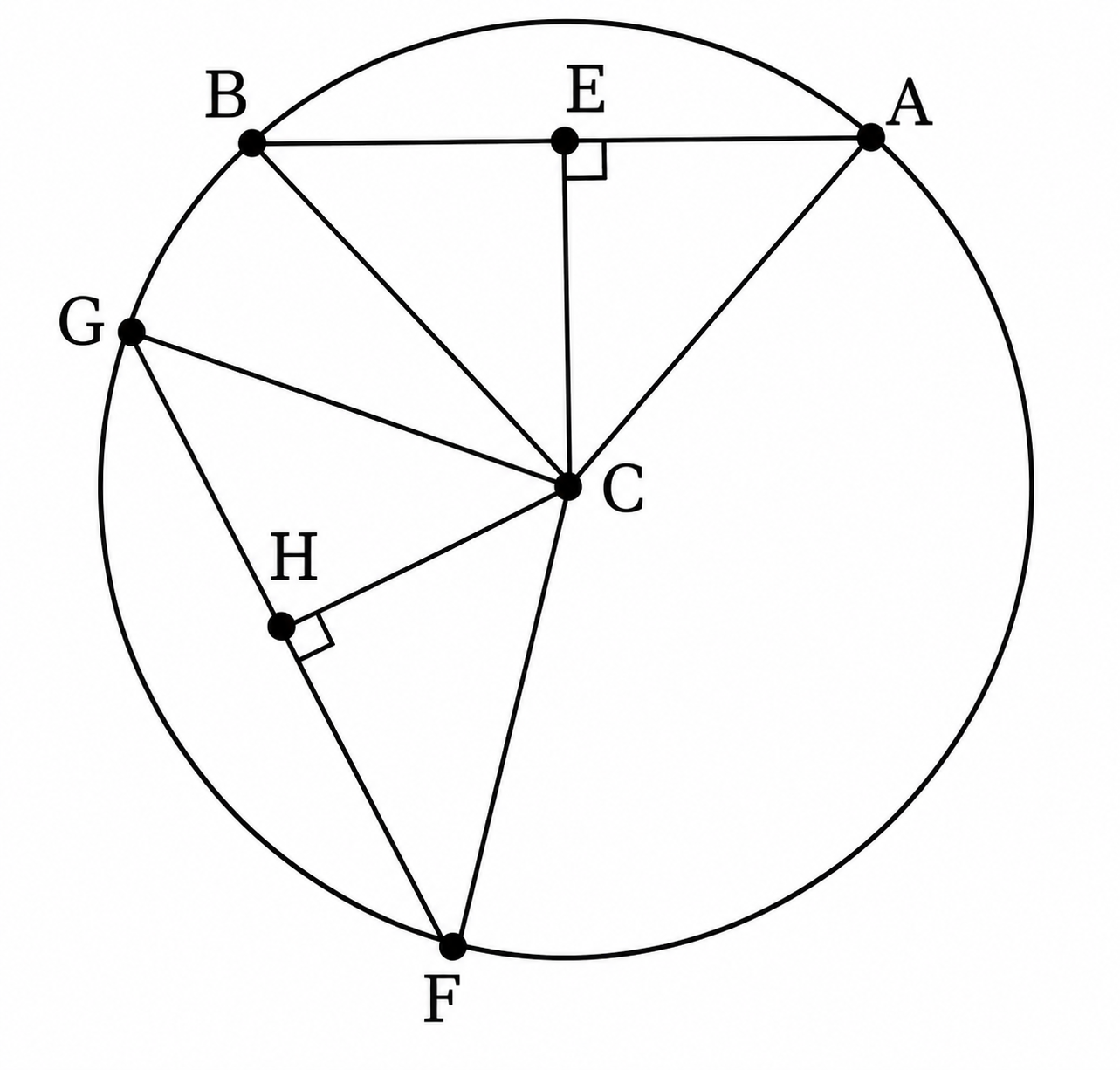 onsider Fig. 5.15. If CE is perpendicular to AB, CH is perpendicular to GH, and CE = CH, show that AB = GF..png