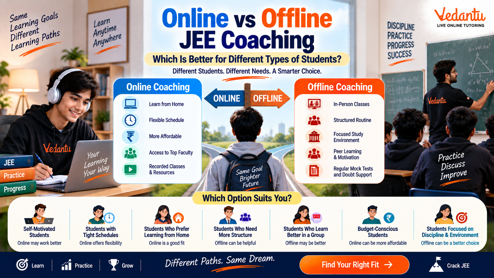 Online and offline JEE coaching comparison for different students