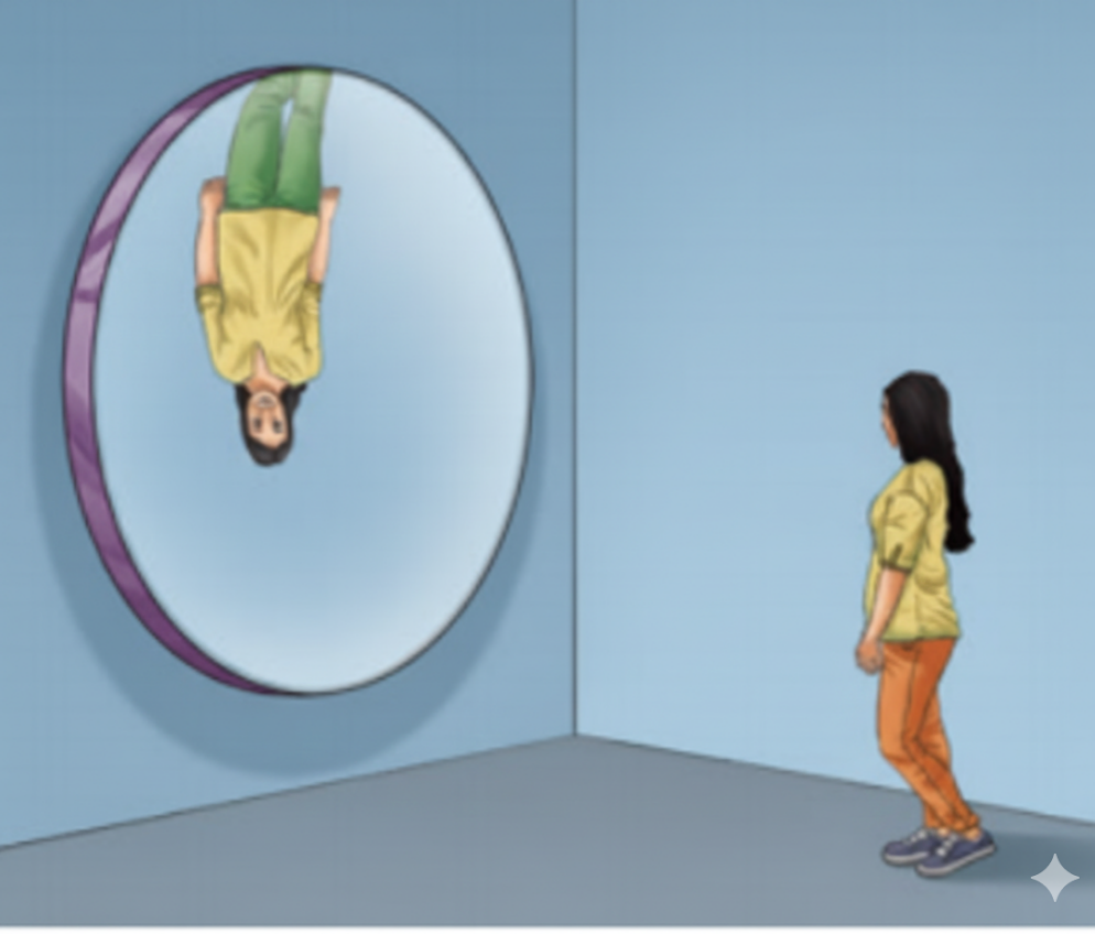 In a museum, a woman walks towards a large convex mirror (Figure). She will see that