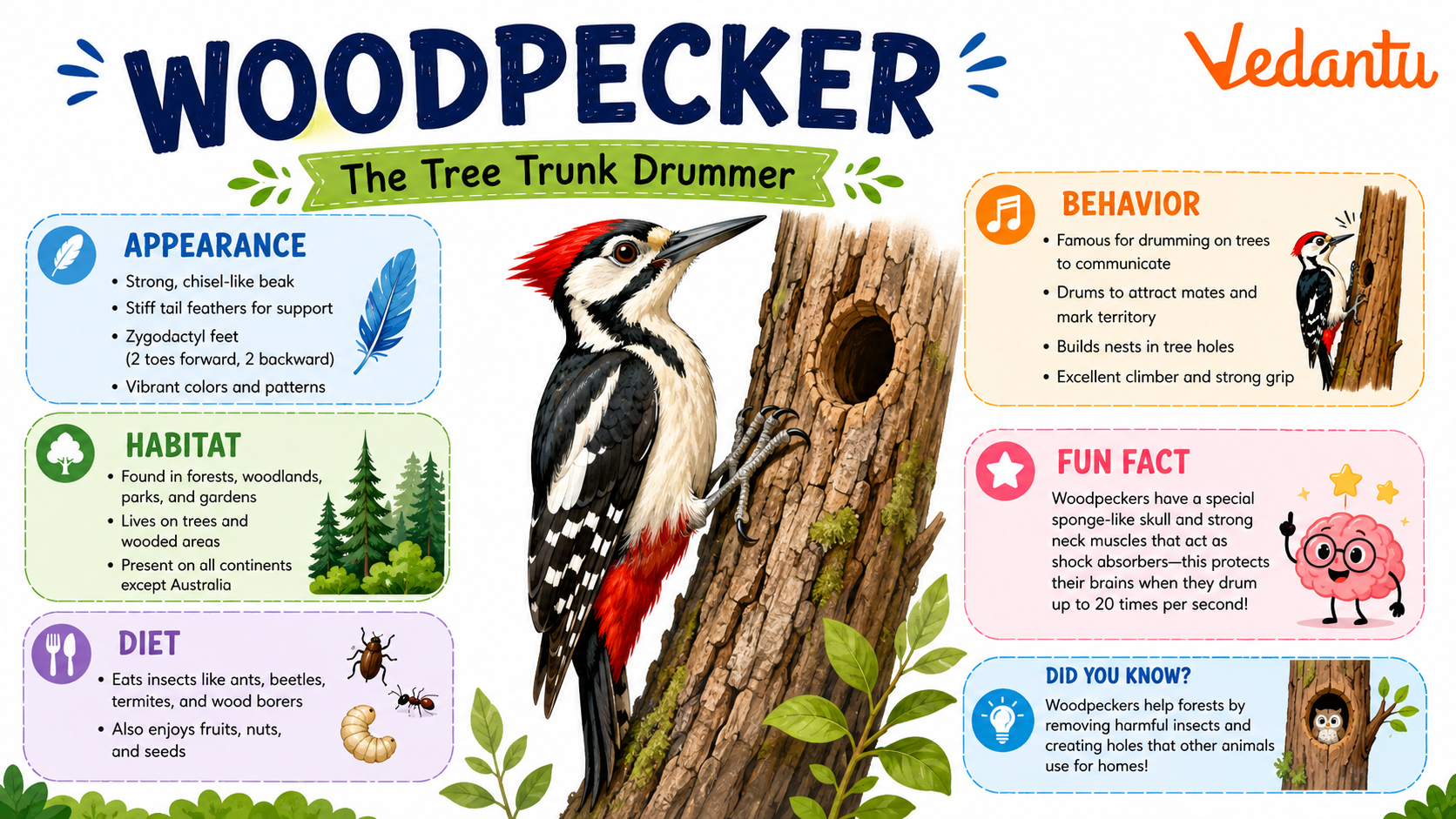 Woodpecker bird perched on tree trunk