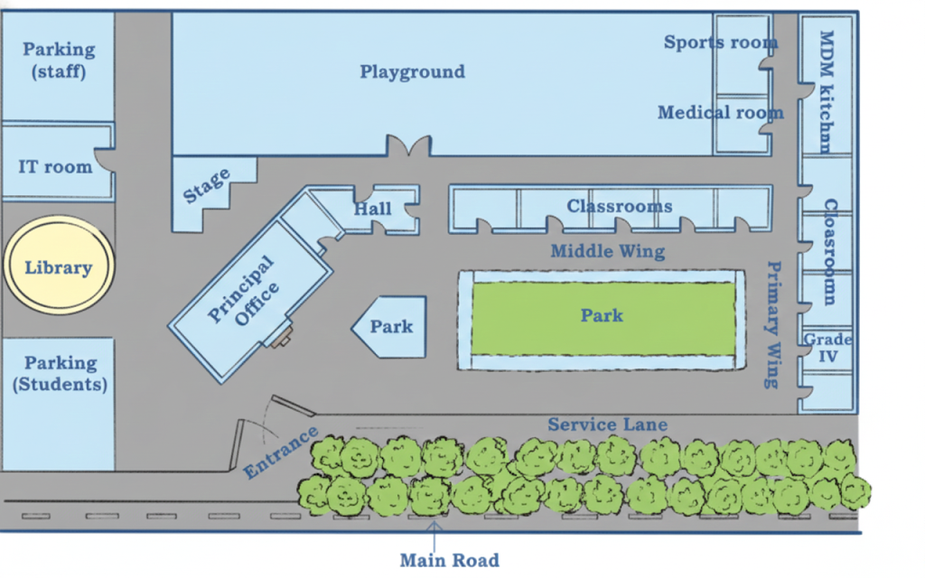 Trace the path from the Grade 4 classroom to the stage