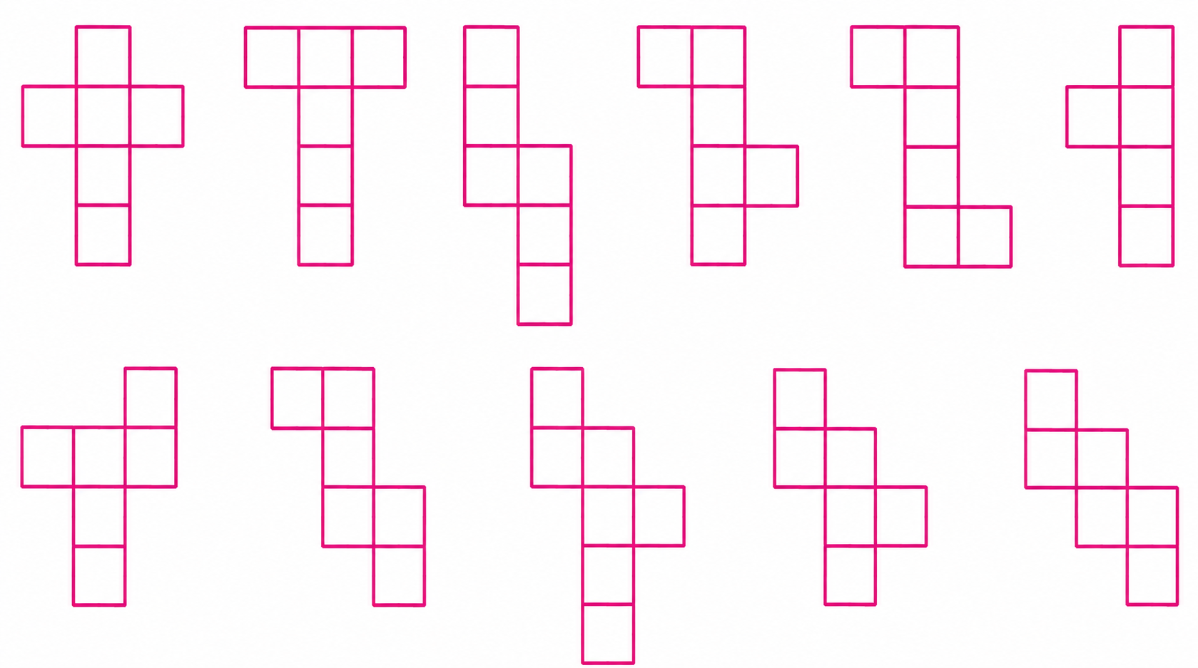 A cube has 11 possible net structures in total. In this count, two nets are considered the same if one can be obtained from the other by a rotation or a flip..png