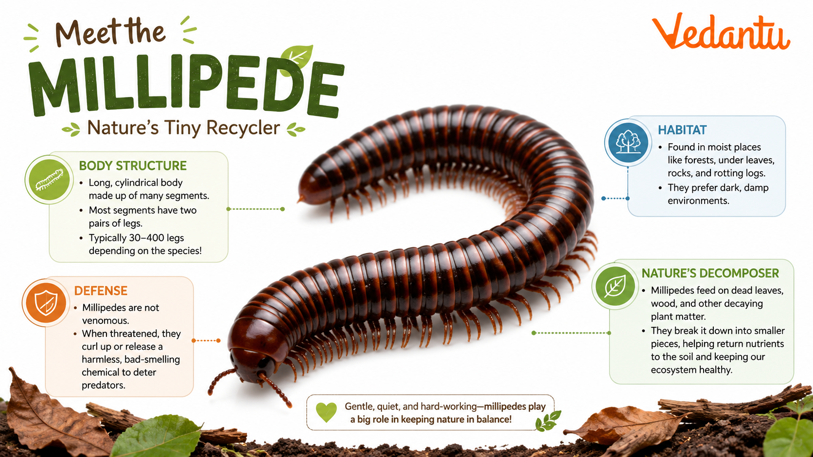 Millipede with many legs crawling on ground