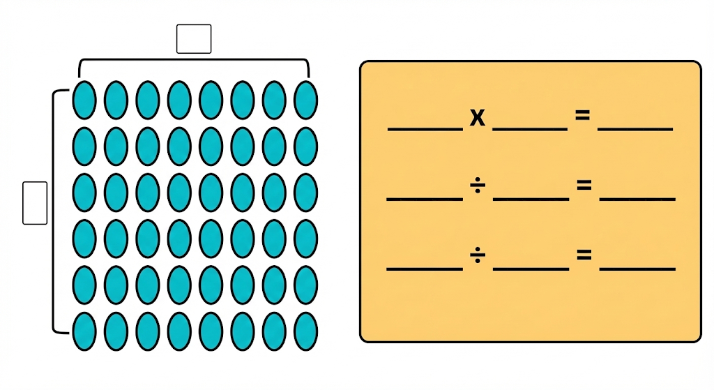 Write the appropriate multiplication fact for the array shown below. Write two division facts that follow from the multiplication fact