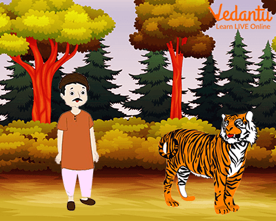 The pictorial representation of the short story of a tiger and a man