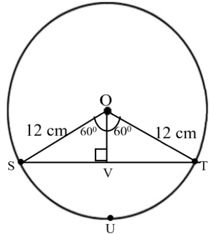 Circle with center O and chord of radius 12 cm subtending  an angle of 120°