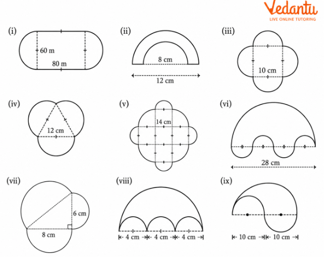 Question 5: Find the perimeters of the following shapes (taking the arcs to be quarter or half or three-quarters of a circle, as appropriate) (Fig. 6.14i to 6.14ix):
