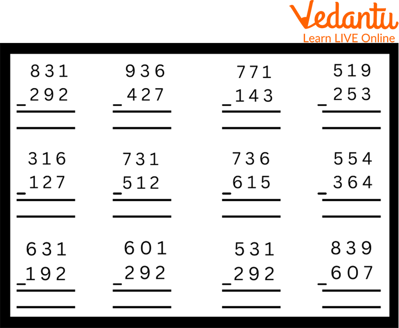 Worksheet on Subtraction of Three-digit