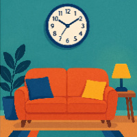 The clock is above the sofa