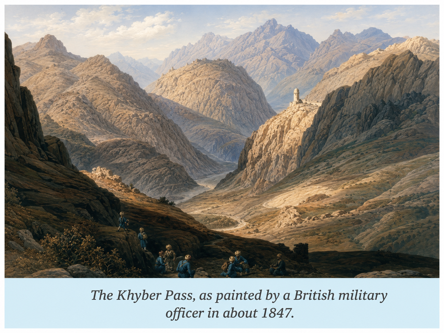 Observe the sketch of the Khyber Pass (Fig. 4.3). What kind of terrain does it depict