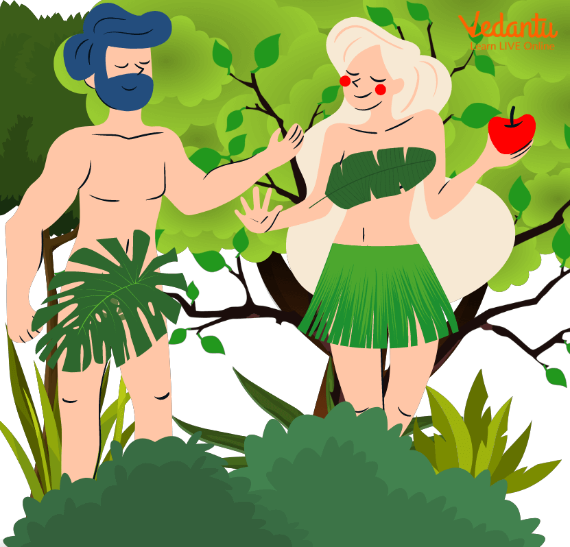 Adam and Eve eating the apple from the tree.
